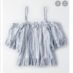 American Eagle blue and white striped chambray off the shoulder top Size Large